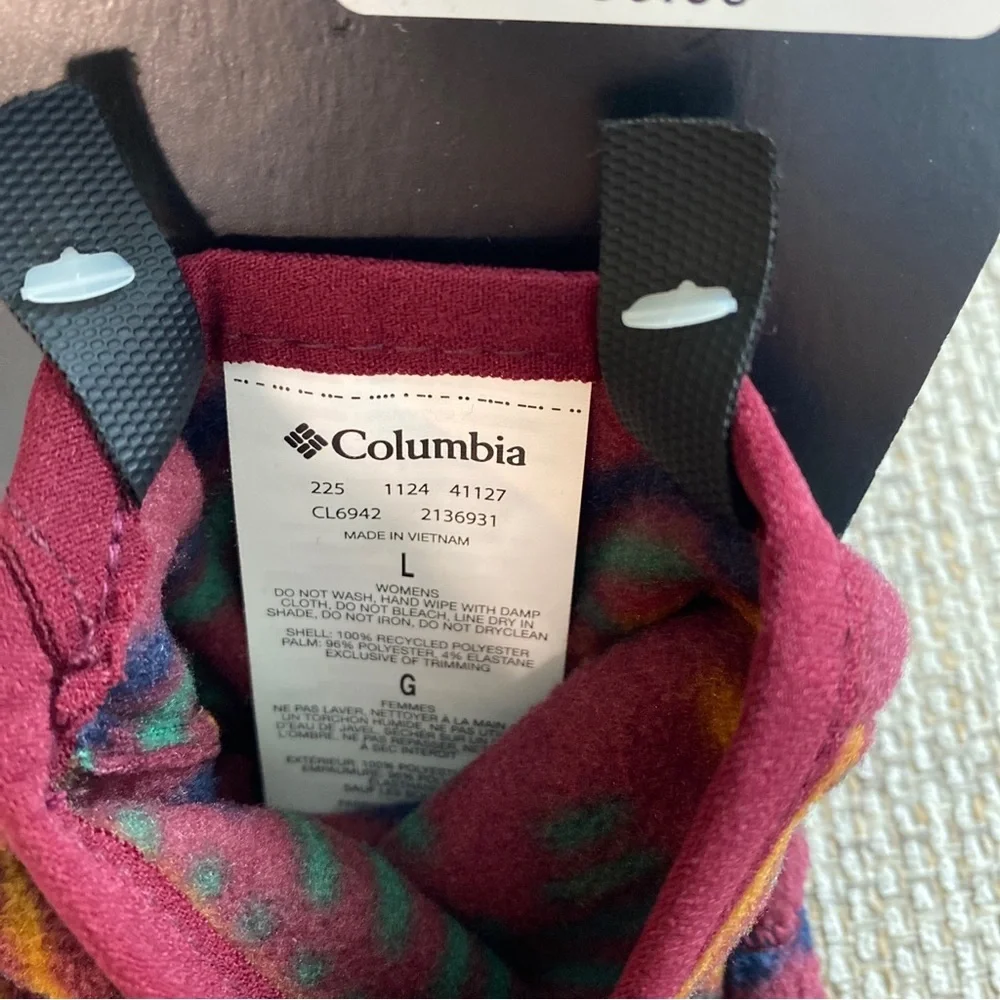 Columbia Burgundy Fleece Gloves with Multicolor Geometric Print L